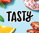 Tasty icon with the word tasty and pictures of bacon, donut, orange, strawberry