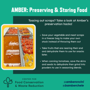 Pictures of food with tips to store vegetable and meat scarps for stock; dehydrate fruits nearing their end, and dehydrating tomato skins and seed and grind into powders