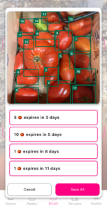 A phone screen with tomatoes in a box with words indicating the expiration of each tomato in the box.