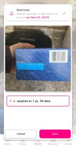 Phone screen with a picture of the top of a box of rigatoni pasta and a message that it expires in 1 yr, 10 mos