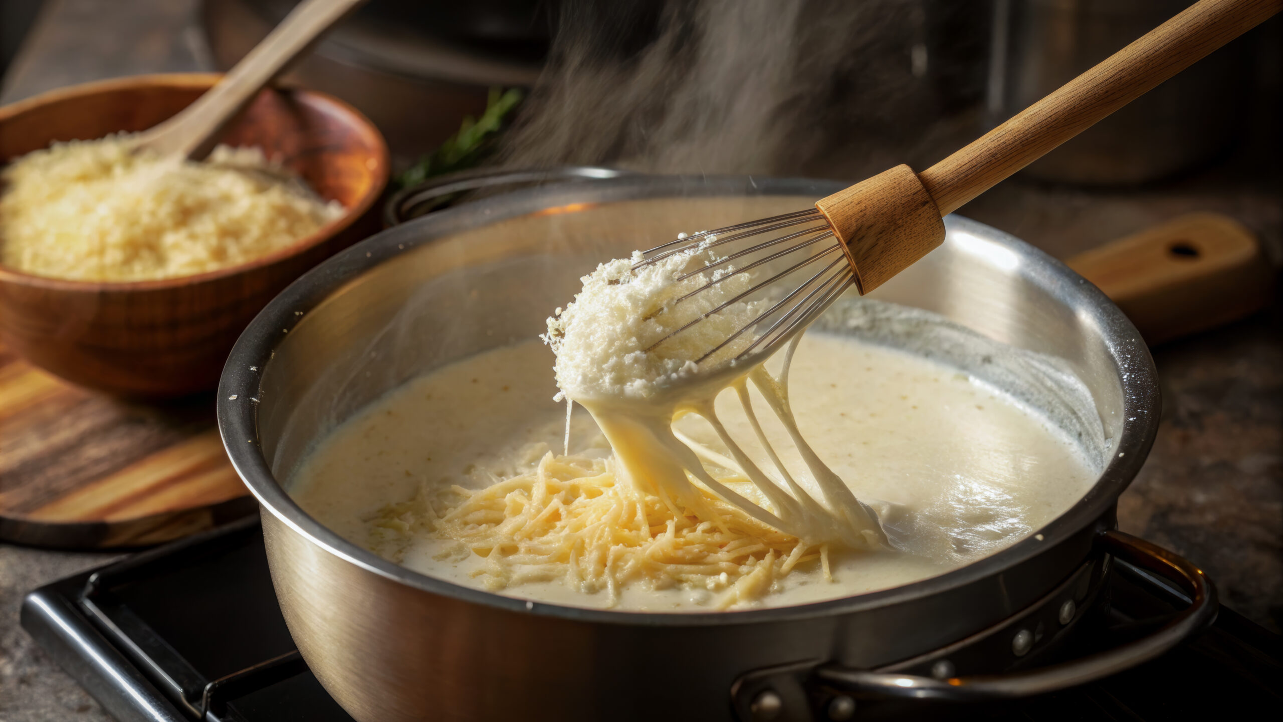 A close-up of a saucepan on the stove, with sour cream, heavy cream, cheese, and grated parmesan being whisked together. The mixture is turning into a smooth, creamy sauce, stirring gently with a wooden spoon.