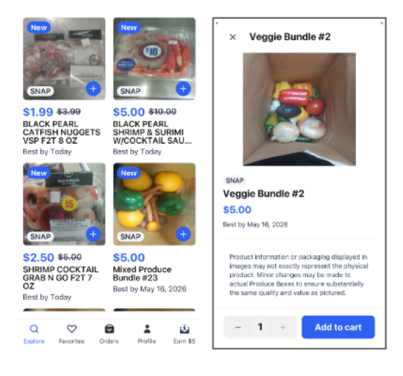 Screenshots from Flashfood showing deal options of catfish nuggets, shrimp, and mixed produce and a screenshot of just a veggie bundle with a picture of the veggies and price.