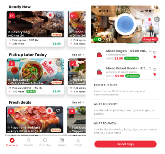 Goodie Bag screenshot with deal options and a close up of one restaurant with more details of deal, the restaurant, what to expect, and what to know.