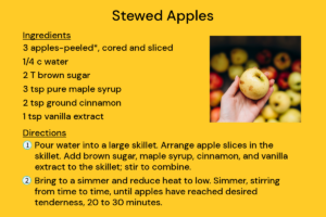 Recipe for stewed apples with a picture of a hand holding a bruised apple with other apples in the background