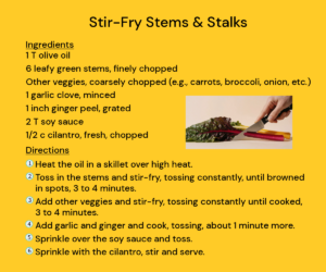 Recipe for stir-fry stems and stalks with a picture of a hand with a knife cutting off chard stems