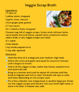 Recipe for veggie scrap broth with a picture of veggie scraps in a pot.